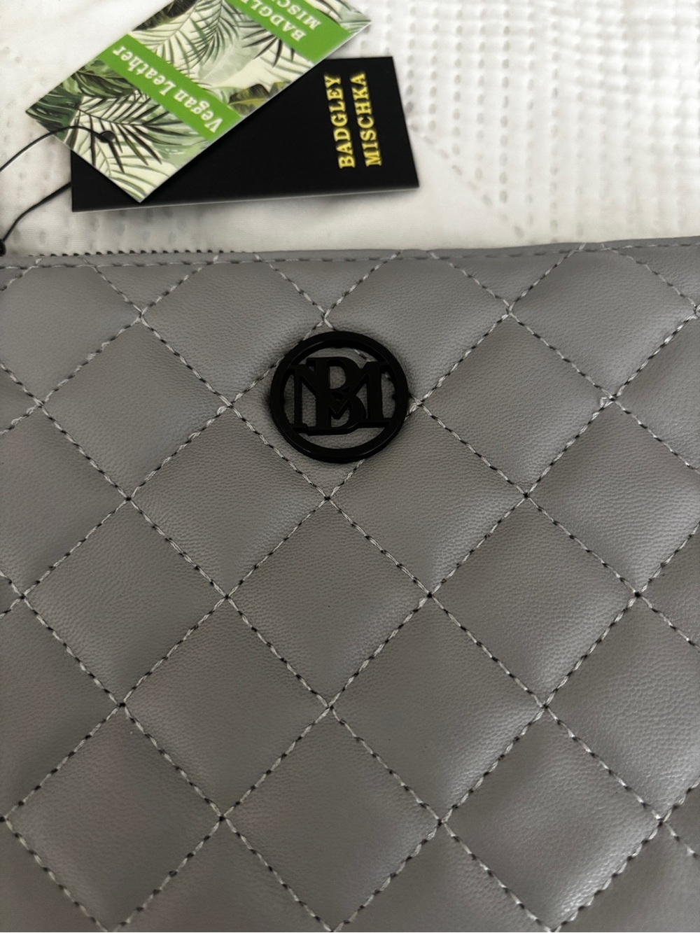 Badgley Mischka Quilted Gray Clutch with Black Logo - Picture 2 of 5